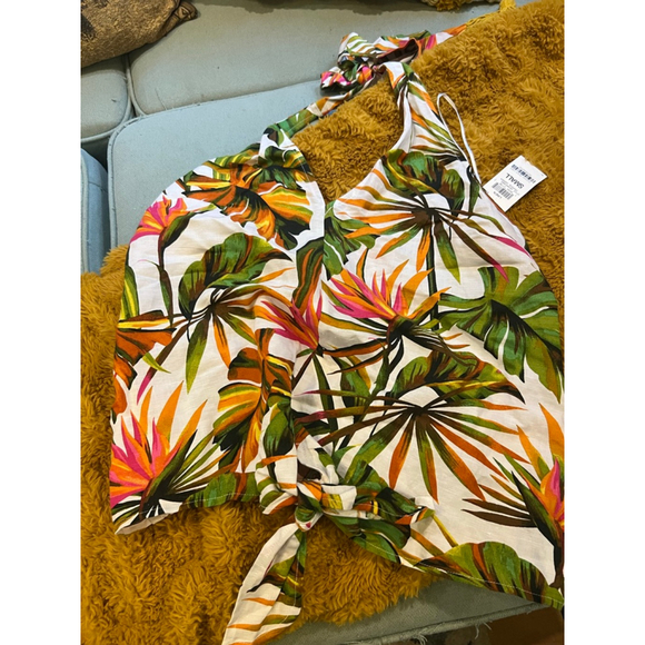 Women's INC Tropical Garden Linen Halter Top S White Green - Picture 4 of 4